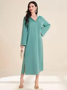 Al Najma Solid Split Hem Hooded Kaftan Dress - Cadet Blue - View 1