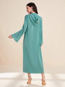 Al Najma Solid Split Hem Hooded Kaftan Dress - Cadet Blue - View 2