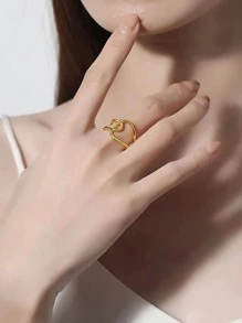 1 件女士时尚不锈钢叶形开口戒指 - 金黃色 - 查看 2