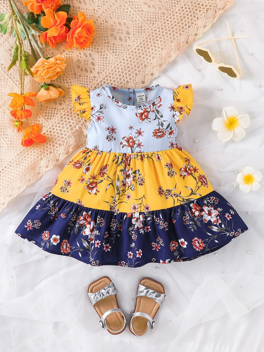 嬰兒印花撞色荷葉邊連衣裙 - 彩色 - 查看 1