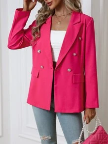 SHEIN Privé Double Breasted Flap Detail Blazer - Hot Pink - View 5