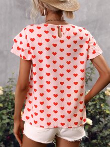SHEIN LUNE Heart Print Butterfly Sleeve Blouse - Pink - View 2