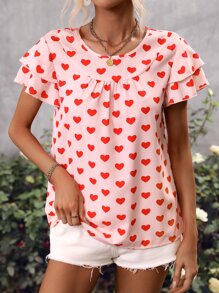 SHEIN LUNE Heart Print Butterfly Sleeve Blouse - Pink - View 6