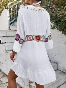 Kimono con diseño de croché con cordón delantero bajo con fruncido - Blanco - Ver 2