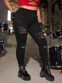 SHEIN ICON Jeans ajustados desgarro de talle alto sin cinturón - Negro - Ver 1