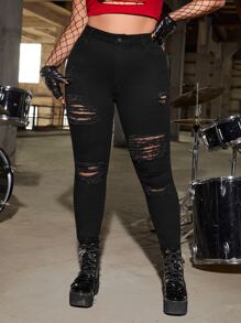 SHEIN ICON Jeans ajustados desgarro de talle alto sin cinturón - Negro - Ver 5