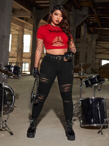 SHEIN ICON Jeans ajustados desgarro de talle alto sin cinturón - Negro - Ver 6