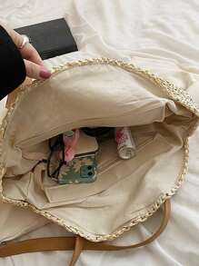 中等草編包雙把手,完美適合夏天海灘旅行度假 - 米色 - 查看 3