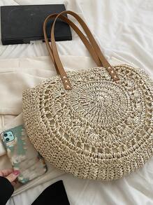 中等草編包雙把手,完美適合夏天海灘旅行度假 - 米色 - 查看 7