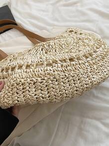 中等草編包雙把手,完美適合夏天海灘旅行度假 - 米色 - 查看 5