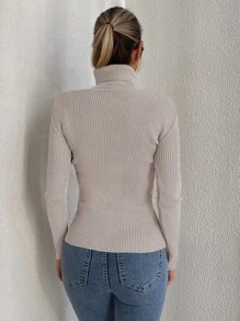RueChic Turtleneck Ribbed Knit Jumper - Beige - View 2