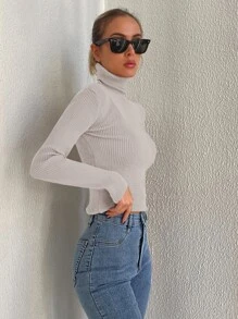 RueChic Turtleneck Ribbed Knit Jumper - Beige - View 3