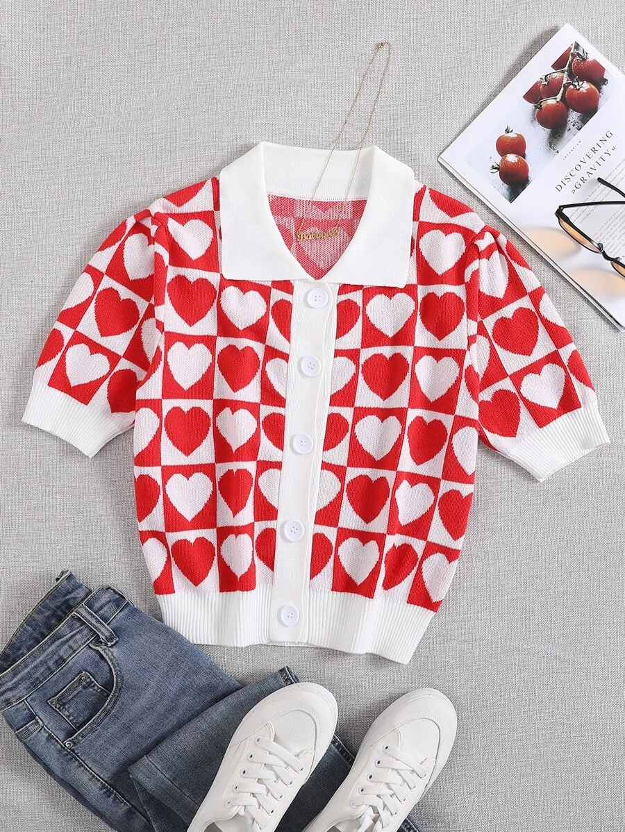 SHEIN Unity Cárdigan con patrón de corazón con botón delantero - Rojo - Ver 1
