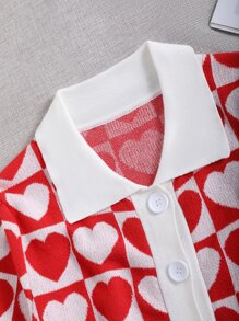 SHEIN Unity Cárdigan con patrón de corazón con botón delantero - Rojo - Ver 4