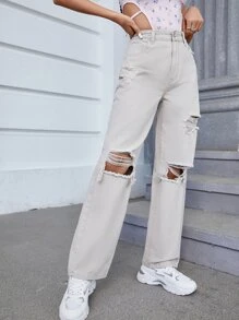 High Waist Ripped Straight Leg Jeans - White - View 1