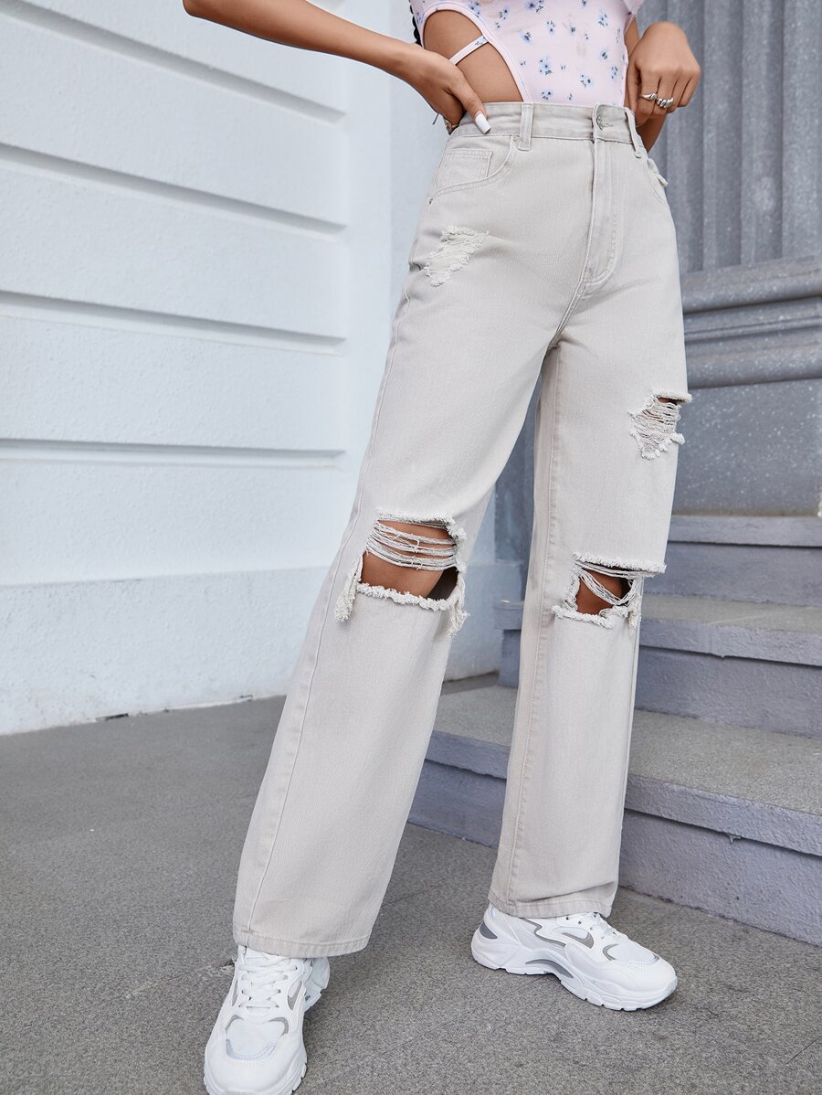 High Waist Ripped Straight Leg Jeans - White - View 1