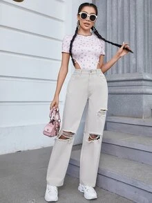 High Waist Ripped Straight Leg Jeans - White - View 2