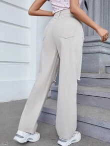 High Waist Ripped Straight Leg Jeans - White - View 3