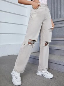 High Waist Ripped Straight Leg Jeans - White - View 5