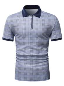 Manfinity Homme Men Plaid Print Polo Shirt - Blue and White - View 4