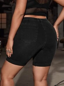 SHEIN ICON Quần short denim oversized Nút Túi Bị tách Dây kéo màu trơn - màu đen - Xem 2