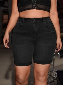 SHEIN ICON Quần short denim oversized Nút Túi Bị tách Dây kéo màu trơn - màu đen - Xem 3