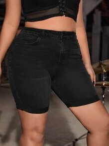 SHEIN ICON Quần short denim oversized Nút Túi Bị tách Dây kéo màu trơn - màu đen - Xem 4