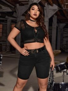 SHEIN ICON Quần short denim oversized Nút Túi Bị tách Dây kéo màu trơn - màu đen - Xem 5