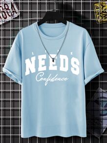 Manfinity Hombres Camiseta de hombros caídos con estampado de letra - Celeste - Ver 1