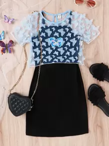 Girls Butterfly Appliques Mesh Top & Cami Dress - Multicolor - View 3