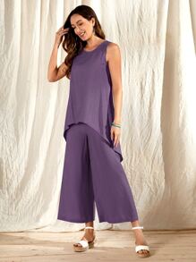 EMERY ROSE Solid High Low Hem Tank Top & Wide Leg Pants - Violet Purple - View 2