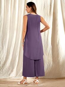 EMERY ROSE Solid High Low Hem Tank Top & Wide Leg Pants - Violet Purple - View 3
