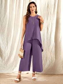 EMERY ROSE Solid High Low Hem Tank Top & Wide Leg Pants - Violet Purple - View 1