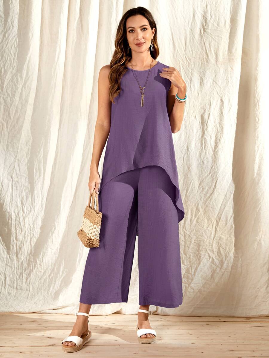EMERY ROSE Solid High Low Hem Tank Top & Wide Leg Pants - Violet Purple - View 1