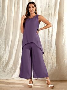 EMERY ROSE Solid High Low Hem Tank Top & Wide Leg Pants - Violet Purple - View 4