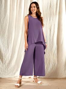 EMERY ROSE Solid High Low Hem Tank Top & Wide Leg Pants - Violet Purple - View 5