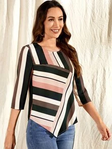EMERY ROSE Striped Print Hanky Hem Top - Multicolor - View 3