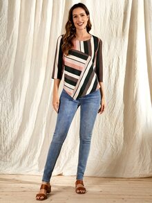 EMERY ROSE Striped Print Hanky Hem Top - Multicolor - View 4
