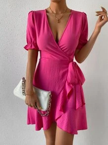 Chiquease Vestido cruzado de manga farol ribete con fruncido con cordón lateral - Rosa Fucsia - Ver 4