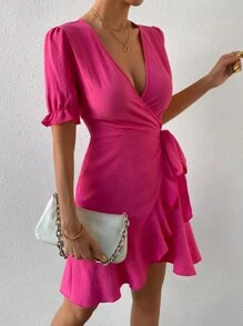 Chiquease Vestido cruzado de manga farol ribete con fruncido con cordón lateral - Rosa Fucsia - Ver 5