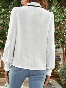 SHEIN VCAY Swiss Dot Tie Front Mock Neck Flounce Sleeve Shirt - White - View 2