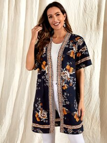 EMERY ROSE Abrigo con estampado floral ribete con cinta en contraste con parte delantera abierta - Multicolor - Ver 2