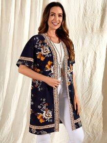 EMERY ROSE Abrigo con estampado floral ribete con cinta en contraste con parte delantera abierta - Multicolor - Ver 4