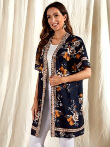 EMERY ROSE Abrigo con estampado floral ribete con cinta en contraste con parte delantera abierta - Multicolor - Ver 5