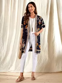 EMERY ROSE Abrigo con estampado floral ribete con cinta en contraste con parte delantera abierta - Multicolor - Ver 1