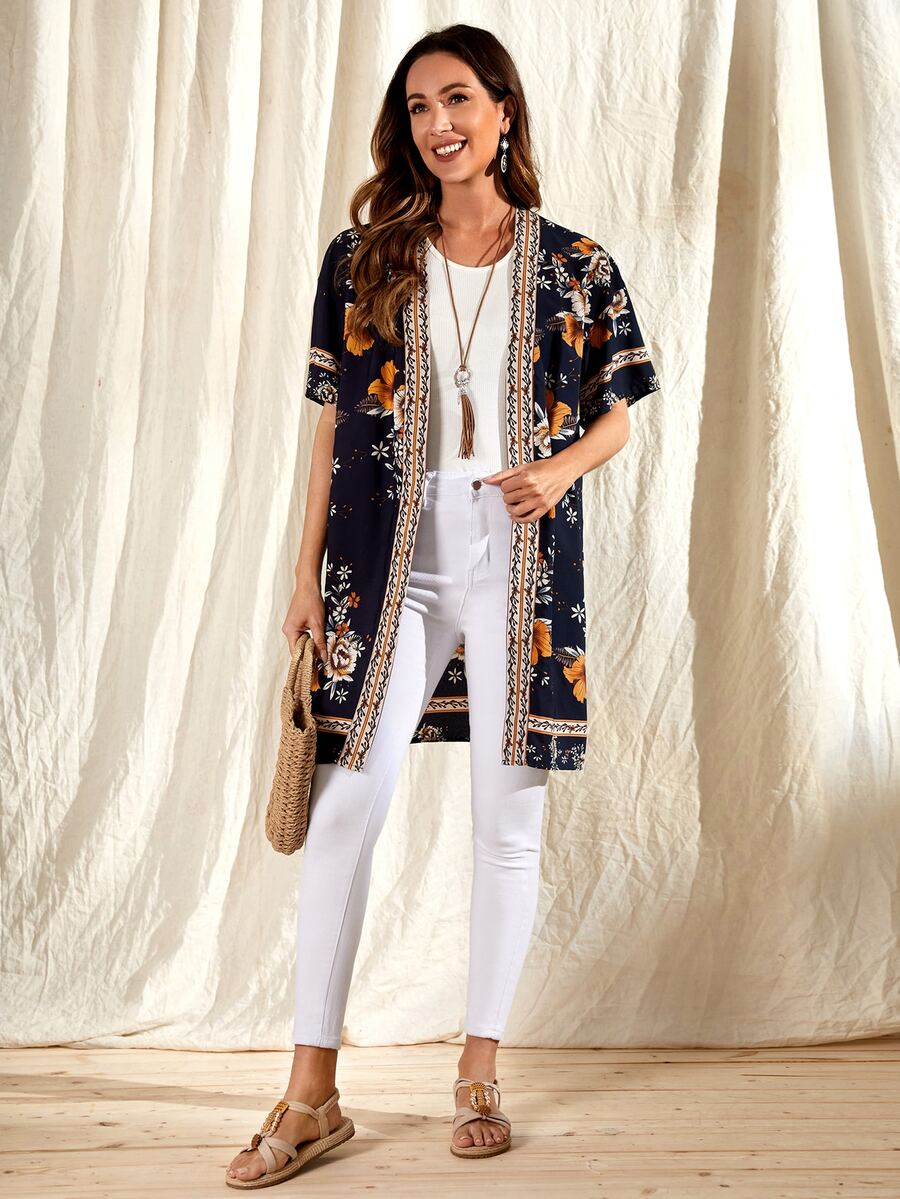 EMERY ROSE Abrigo con estampado floral ribete con cinta en contraste con parte delantera abierta - Multicolor - Ver 1