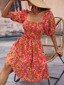 SHEIN WYWH Allover Floral Print Square Neck Puff Sleeve Dress - Red - View 1