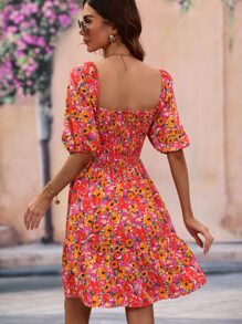 SHEIN WYWH Allover Floral Print Square Neck Puff Sleeve Dress - Red - View 2