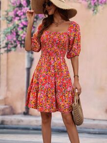 SHEIN WYWH Allover Floral Print Square Neck Puff Sleeve Dress - Red - View 3