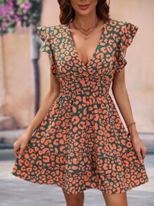 SHEIN VCAY 滿版印花打褶荷葉邊連衣裙 - 橘色 - 查看 4